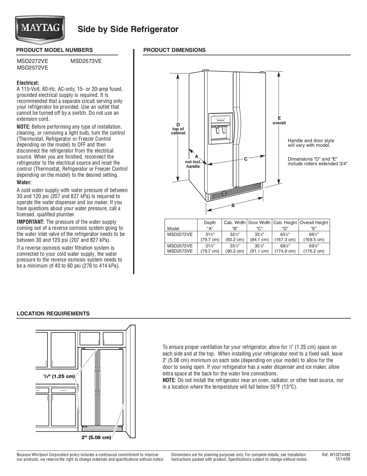 Download free pdf for Maytag MSD2572VES Refrigerator manual